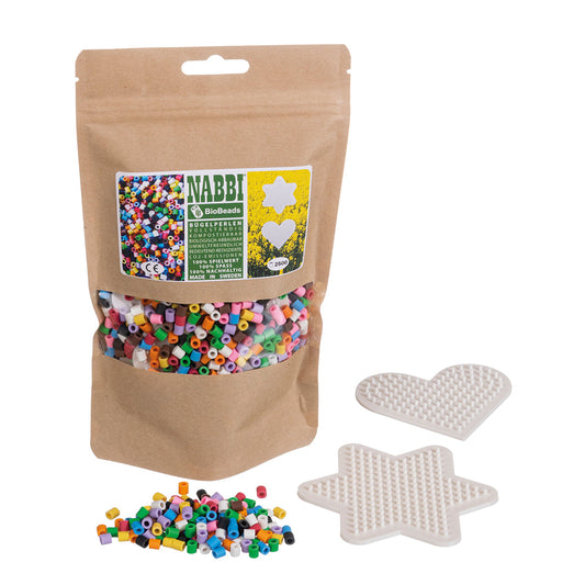 NABBI® BioBeads biologisch abbaubar ~Ø 5 x H 5 mm 2.500 Stk. / 2 Legeplatten 10 Farben Mix