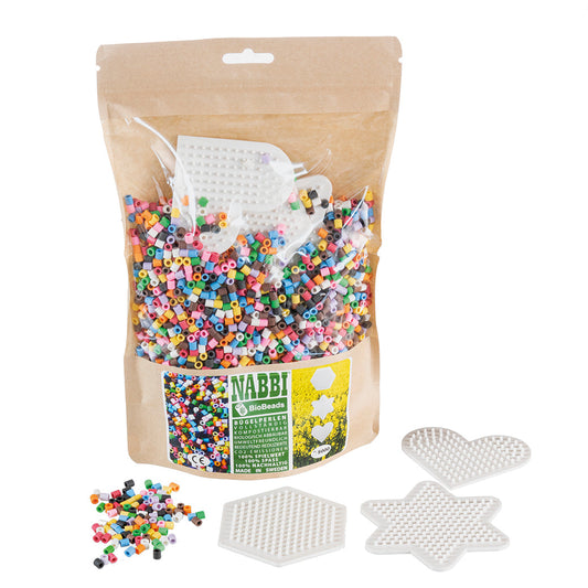 NABBI® BioBeads biologisch abbaubar ~Ø 5 x H 5 mm 5.000 Stk. / 3 Legeplatten 10 Farben Mix