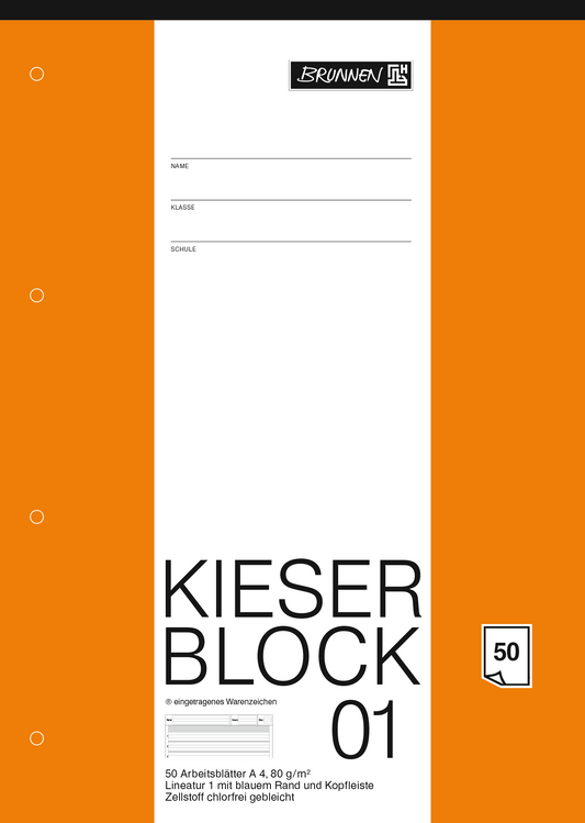 KIESER-Block, A4, 50 Blatt / 100 Seiten, Lineatur 1, mehrfarbig