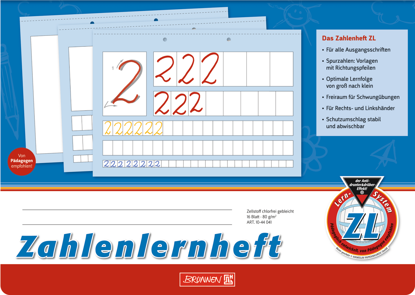 Zahlenlernheft, A4 quer, 16 Blatt / 32 Seiten, Lineatur ZL, blau