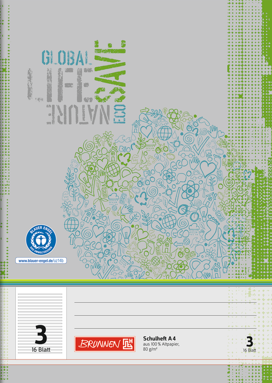 Schulheft Recycling, A4, 16 Blatt / 32 Seiten, Lineatur 3