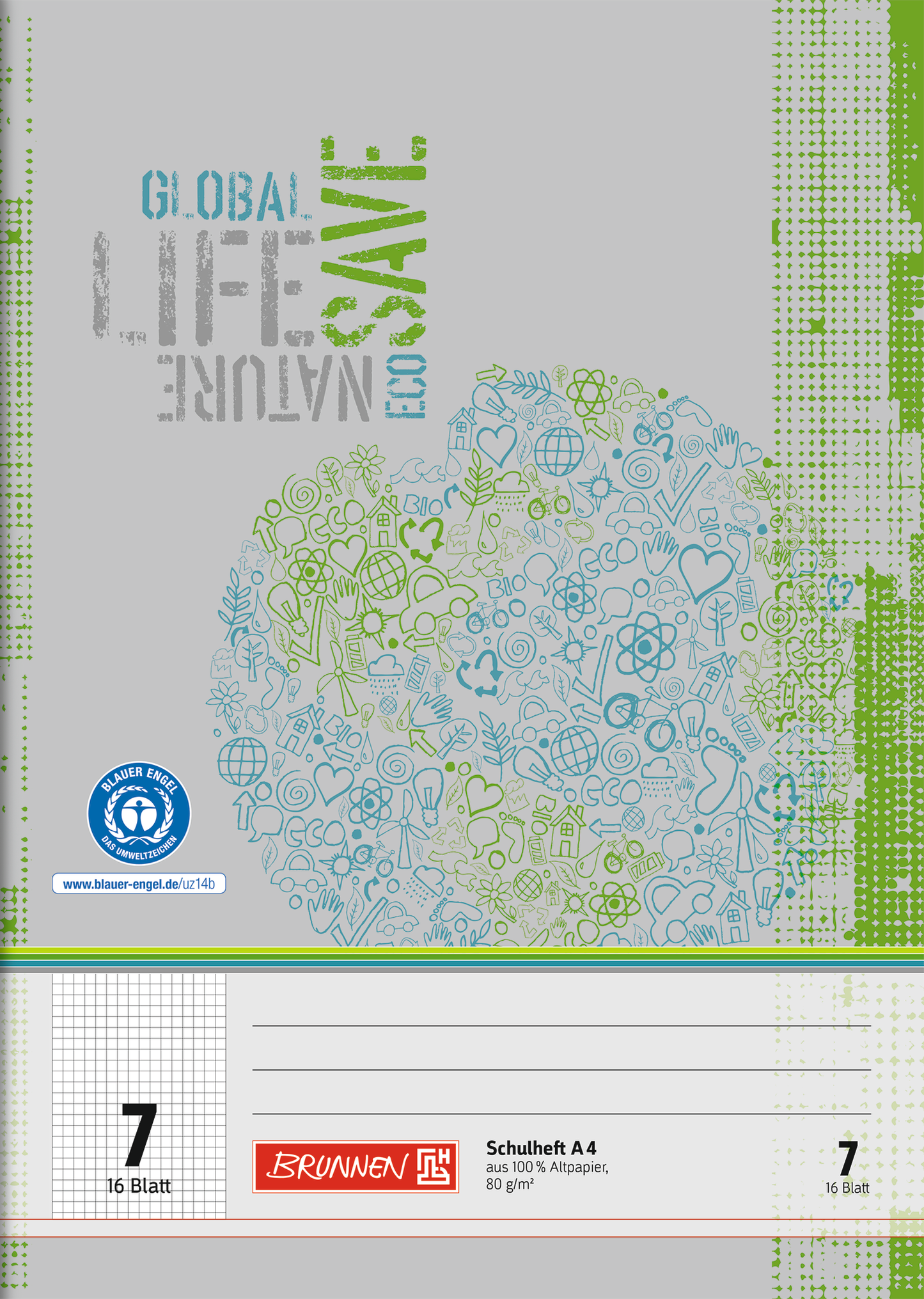 Schulheft Recycling, A4, 16 Blatt / 32 Seiten, Lineatur 7