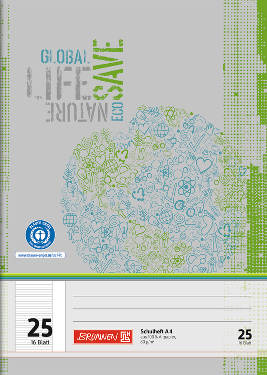 Schulheft Recycling, A4, 16 Blatt / 32 Seiten, Lineatur 25