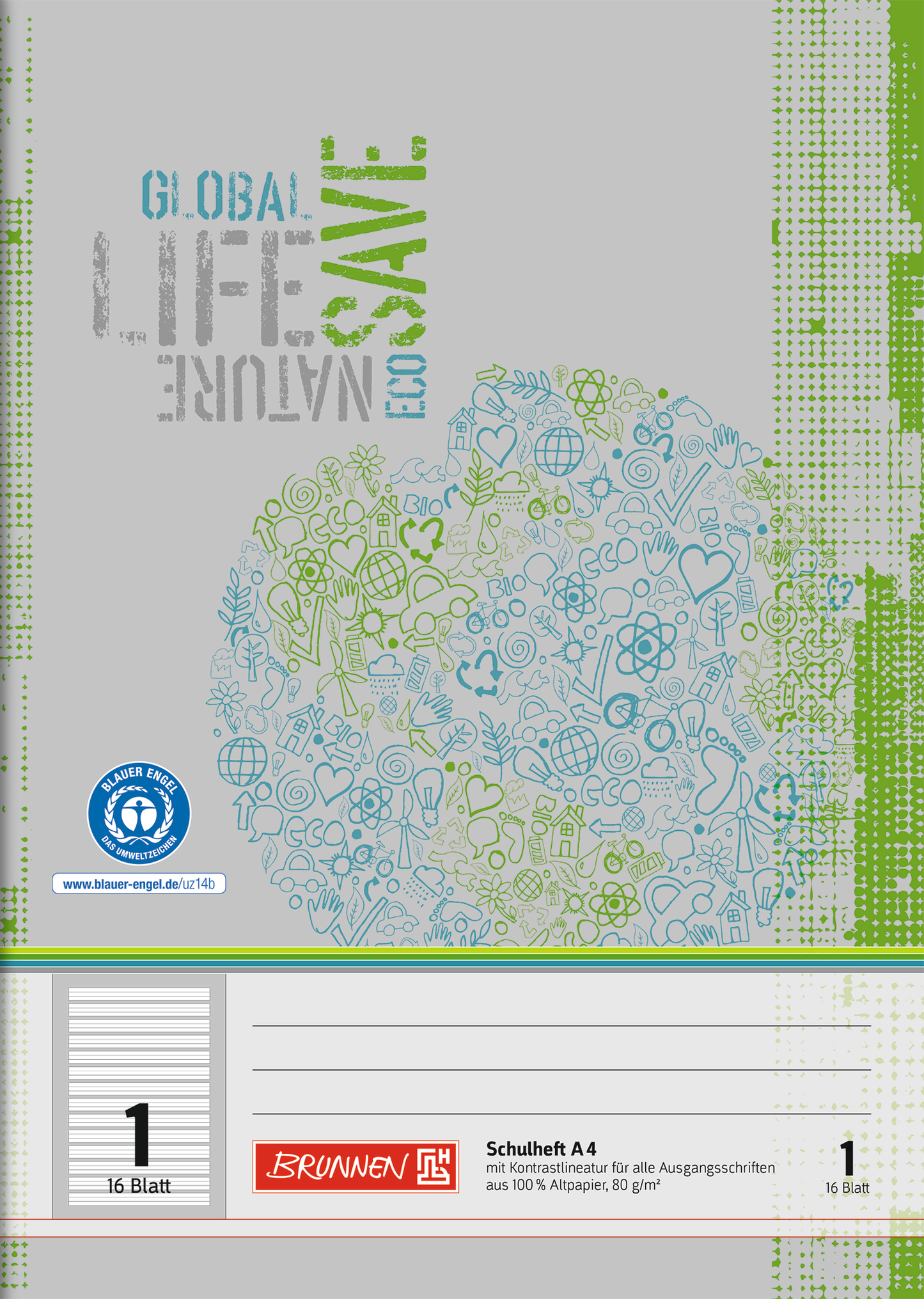 Schulheft Recycling, A4, 16 Blatt / 32 Seiten, Lineatur 1
