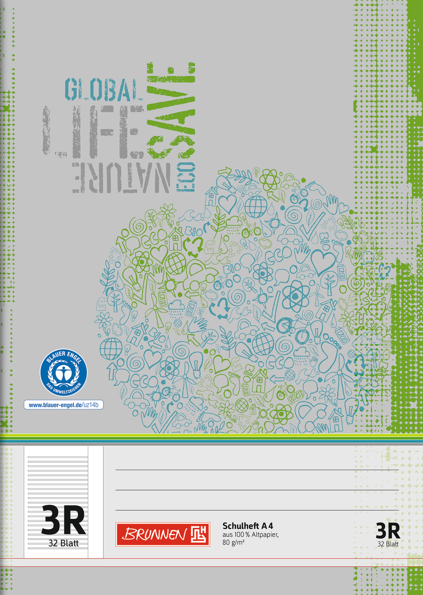 Schulheft Recycling, A4, 32 Blatt / 64 Seiten, Lineatur 3R