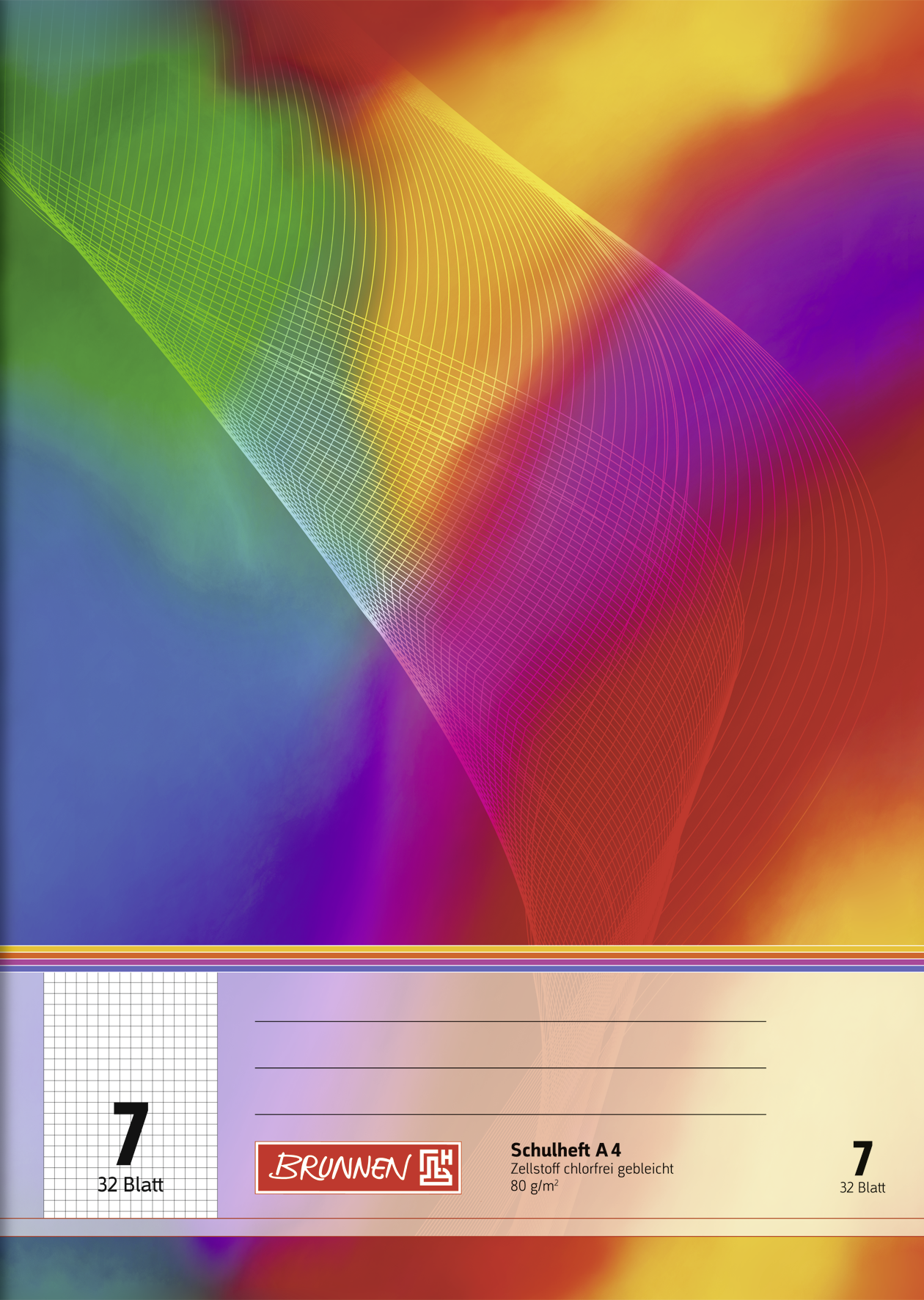 Schulheft, A4, 32 Blatt / 64 Seiten, Lineatur 7, mehrfarbig