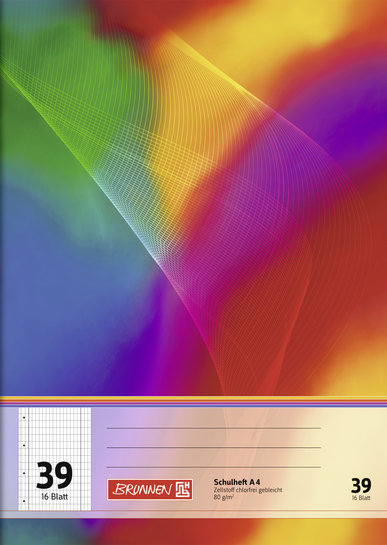Schulheft, A4, 16 Blatt / 32 Seiten, Lineatur 39, mehrfarbig