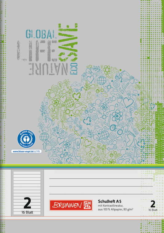 Schulheft Recycling, A5, 16 Blatt / 32 Seiten, Lineatur 2