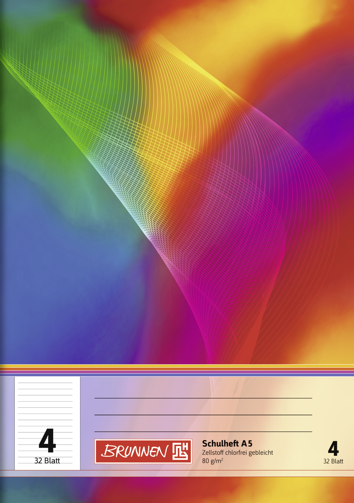 Schulheft, A5, 32 Blatt / 64 Seiten, Lineatur 4, mehrfarbig
