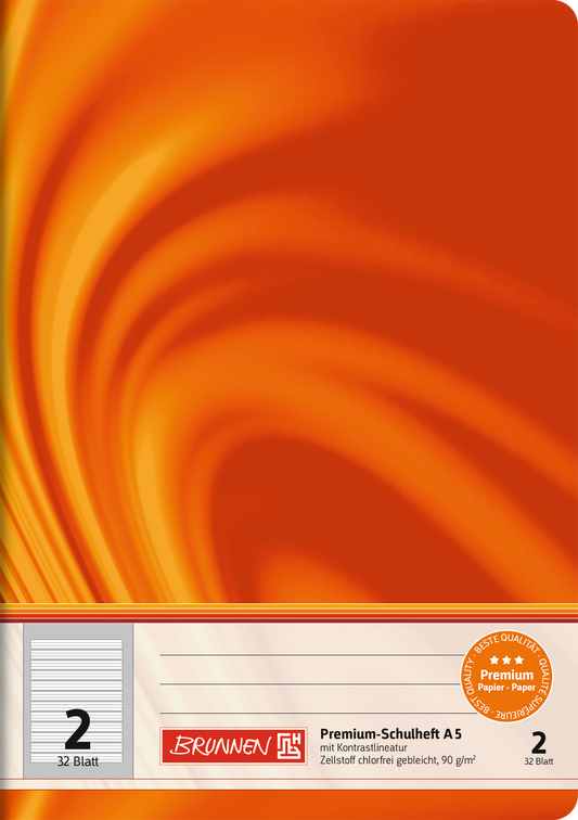 Schulheft Premium Vivendi, A5, 32 Blatt / 64 Seiten, Lineatur 2, orange