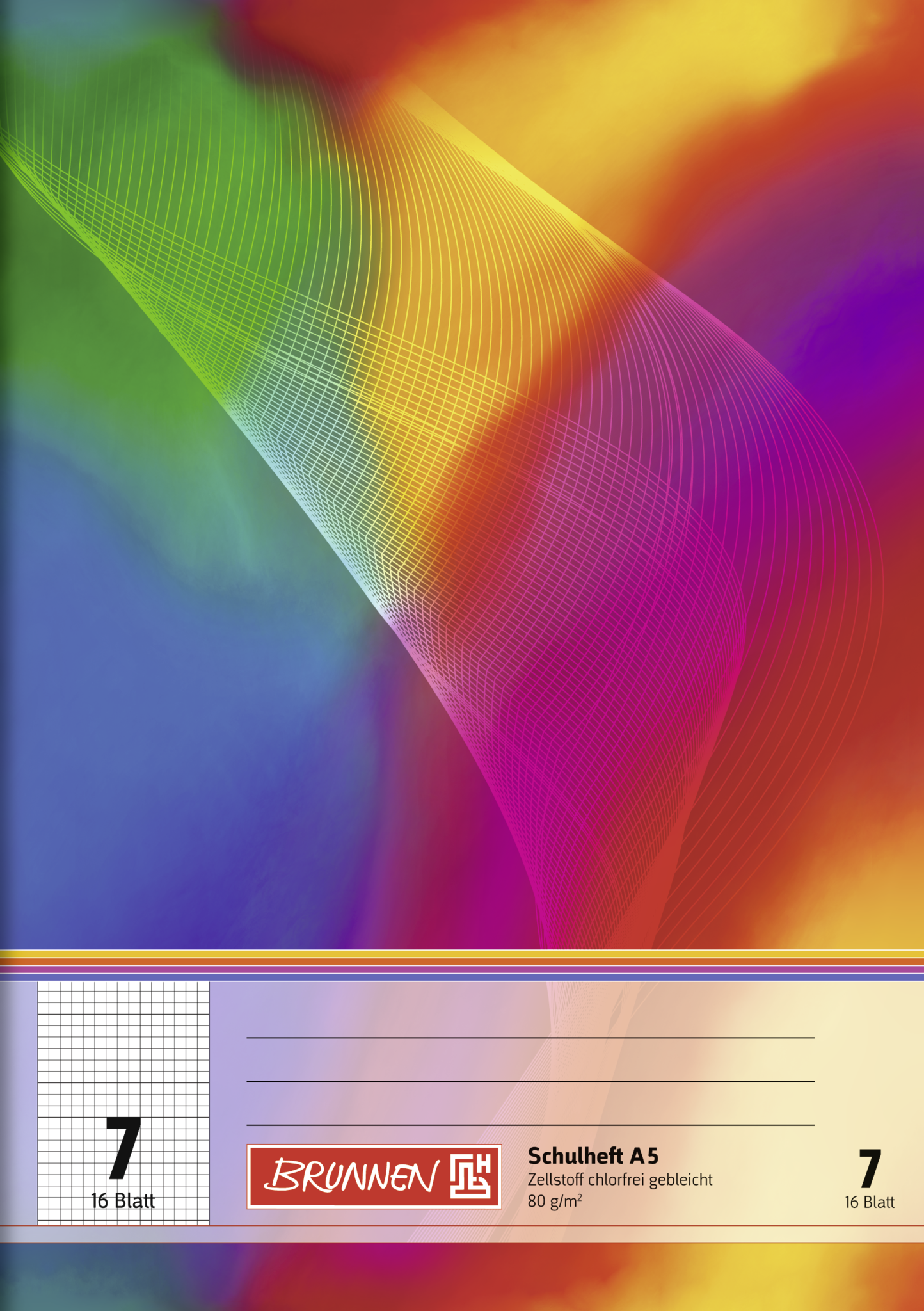 Schulheft, A5, 16 Blatt / 32 Seiten, Lineatur 7, mehrfarbig