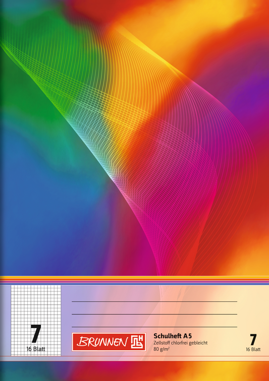 Schulheft, A5, 16 Blatt / 32 Seiten, Lineatur 7, mehrfarbig