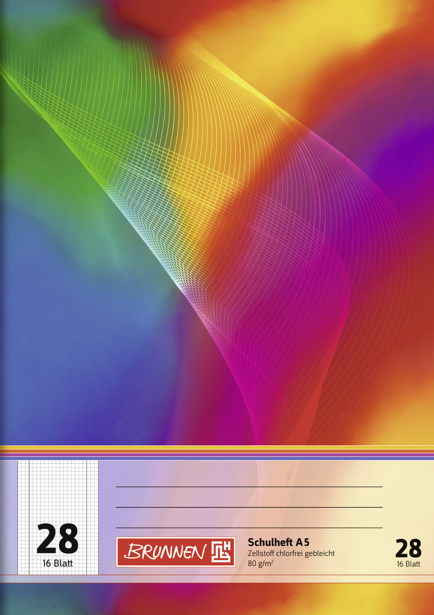 Schulheft, A5, 16 Blatt / 32 Seiten, Lineatur 28, mehrfarbig