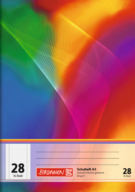 Schulheft, A5, 16 Blatt / 32 Seiten, Lineatur 28, mehrfarbig