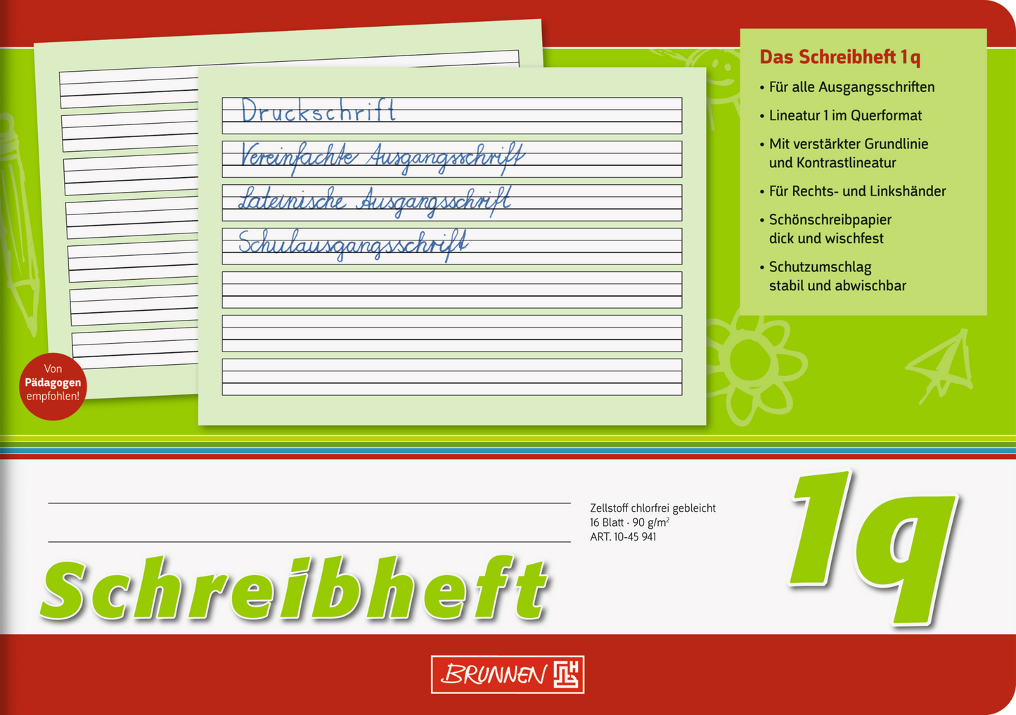 Schreibheft, A5 quer, 16 Blatt / 32 Seiten, Lineatur 1q, grün