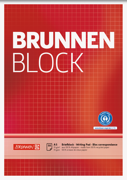 Briefblock „BRUNNEN-Block“ Recycling, A5, 50 Blatt / 100 Seiten, Lineatur 5, rot