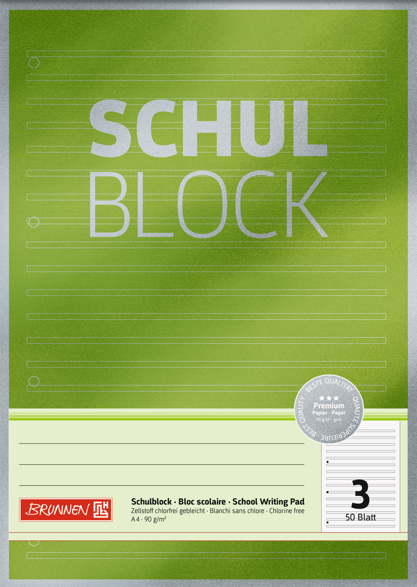 Schulblock Premium, A4, 50 Blatt, Lineatur 3, grün