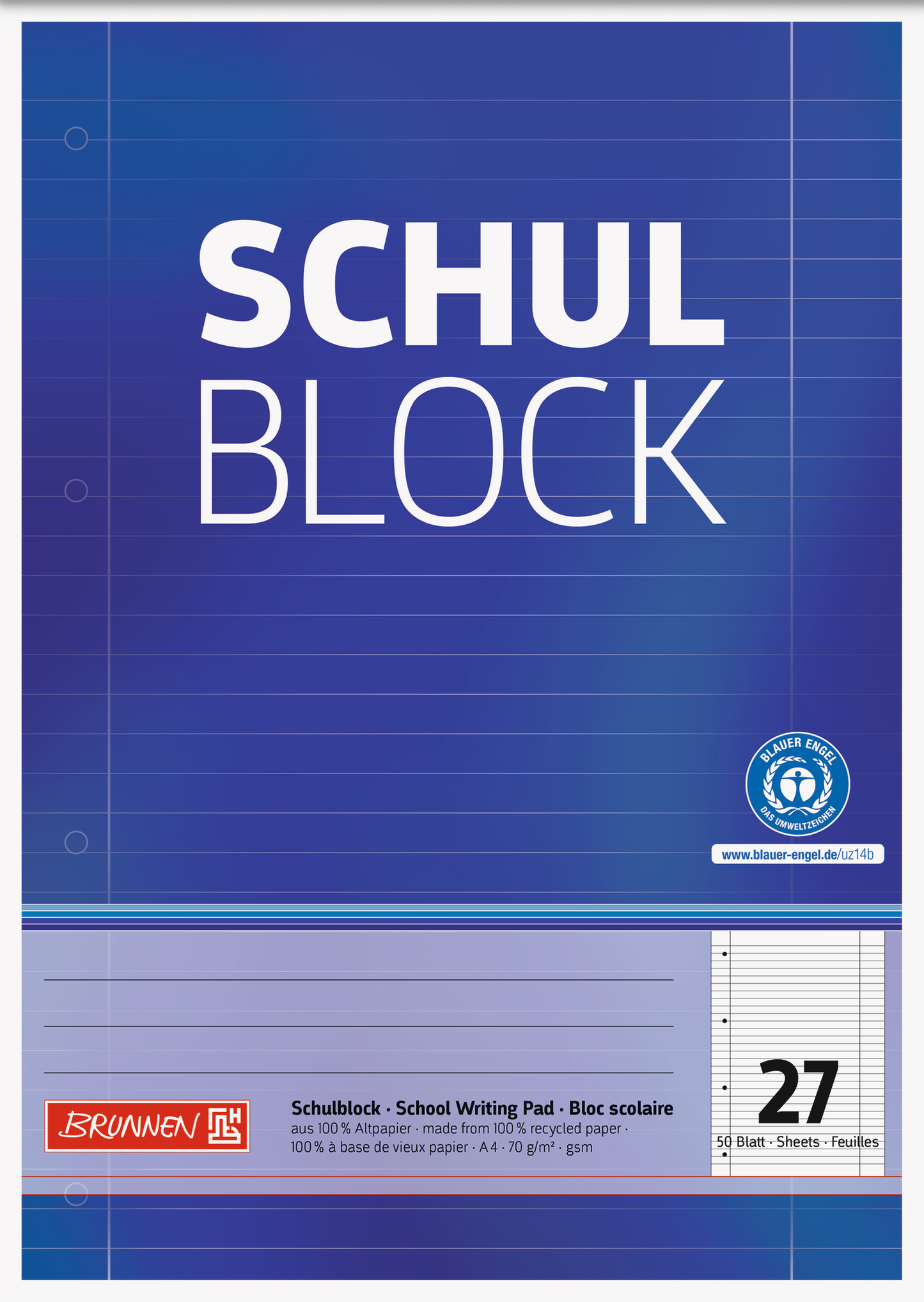 Schulblock Recycling, A4, 50 Blatt, Lineatur 27, blau