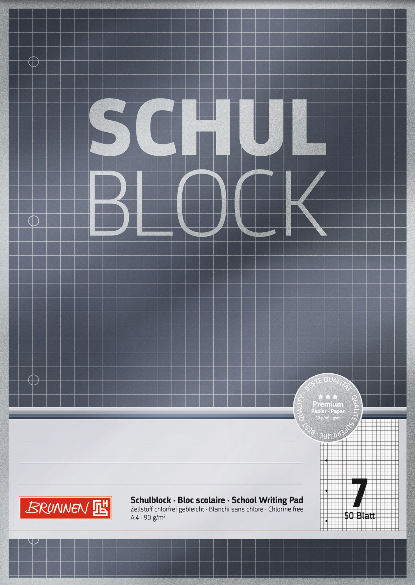 Schulblock Premium, A4, 50 Blatt, Lineatur 7, grau