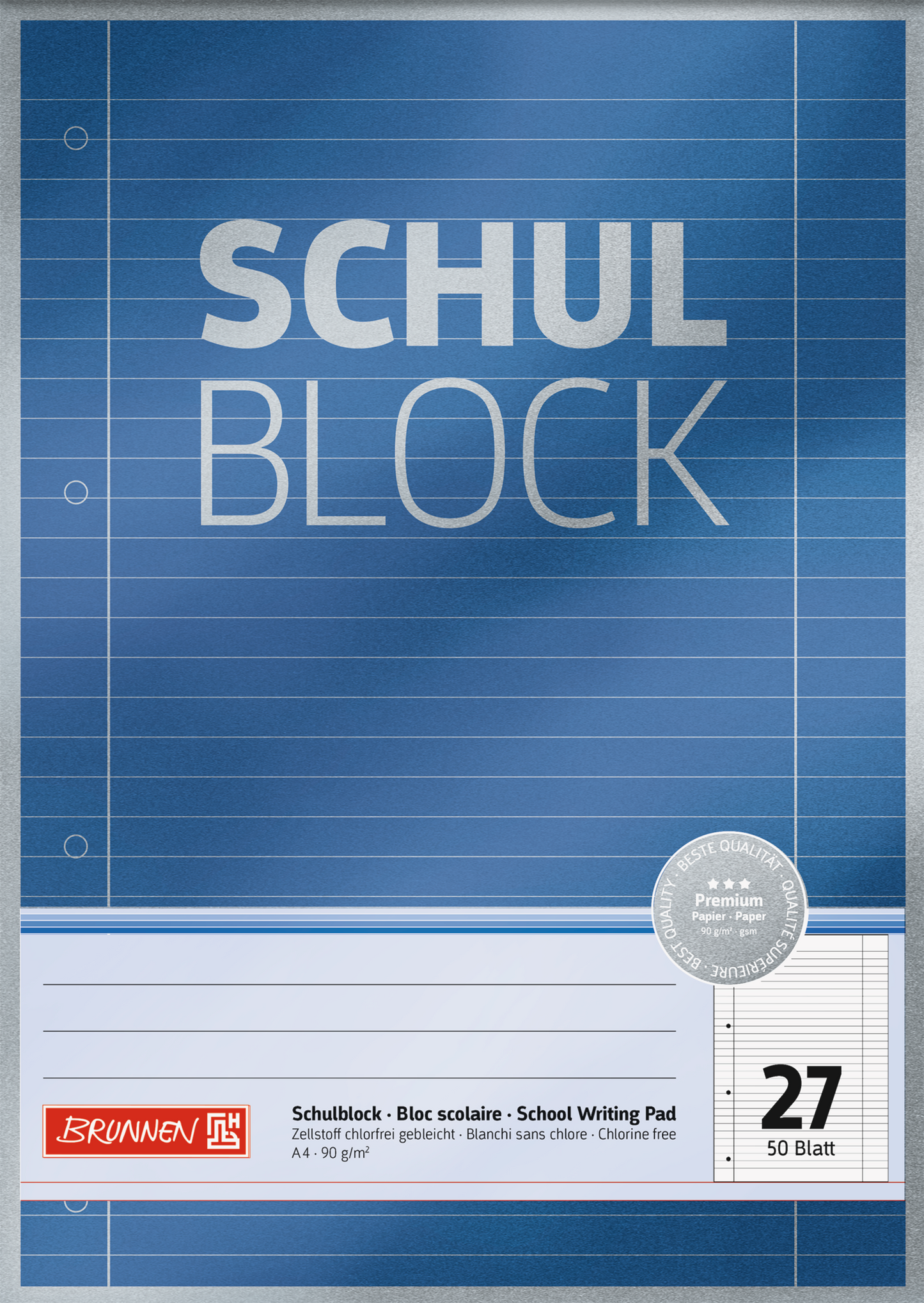 Schulblock Premium, A4, 50 Blatt, Lineatur 27, blau