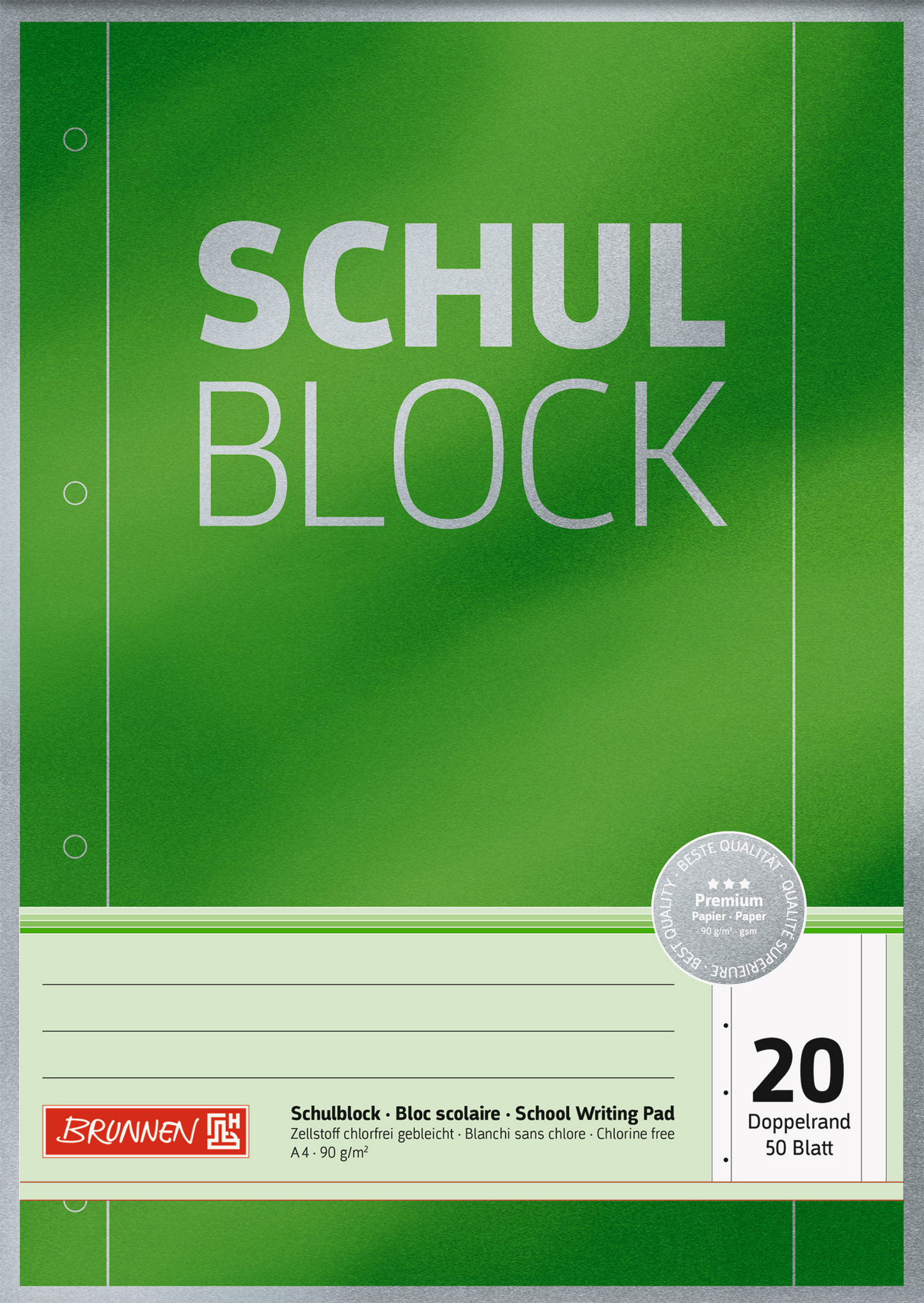 Schulblock Premium, A4, 50 Blatt, Lineatur 24, grün