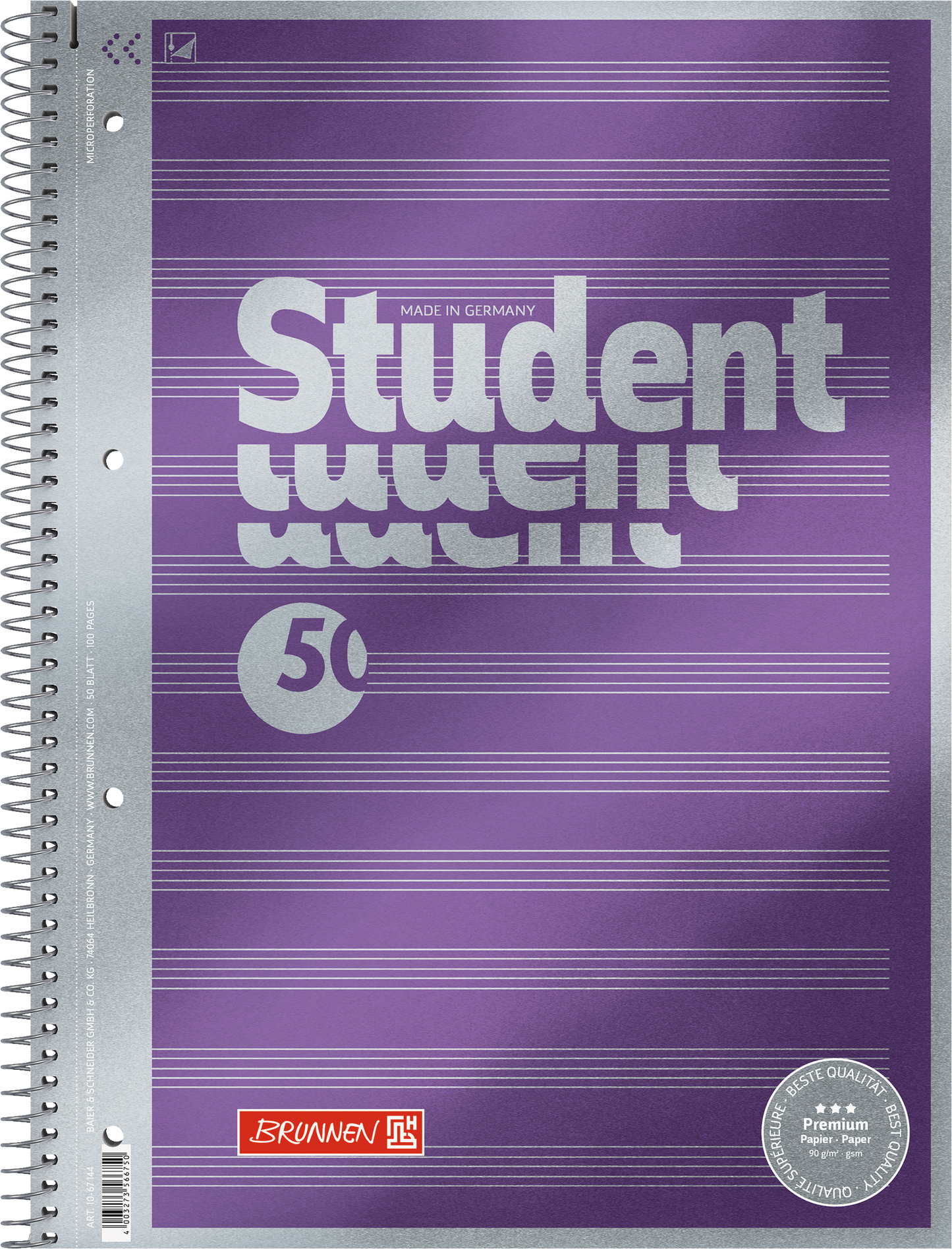 Collegeblock Premium Student „Noten“, A4, 50 Blatt / 100 Seiten, Lineatur 14, violett