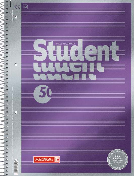 Collegeblock Premium Student „Noten“, A4, 50 Blatt / 100 Seiten, Lineatur 14, violett