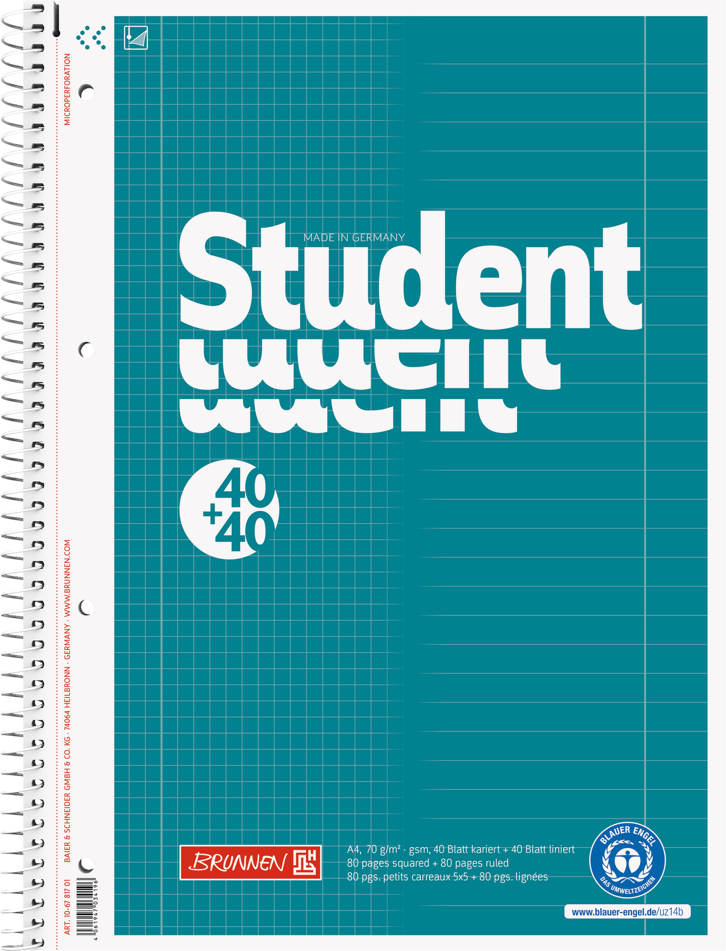 Collegeblock Student „DUO“ Recycling, A4, 80 Blatt / 160 Seiten, kariert/liniert, petrol