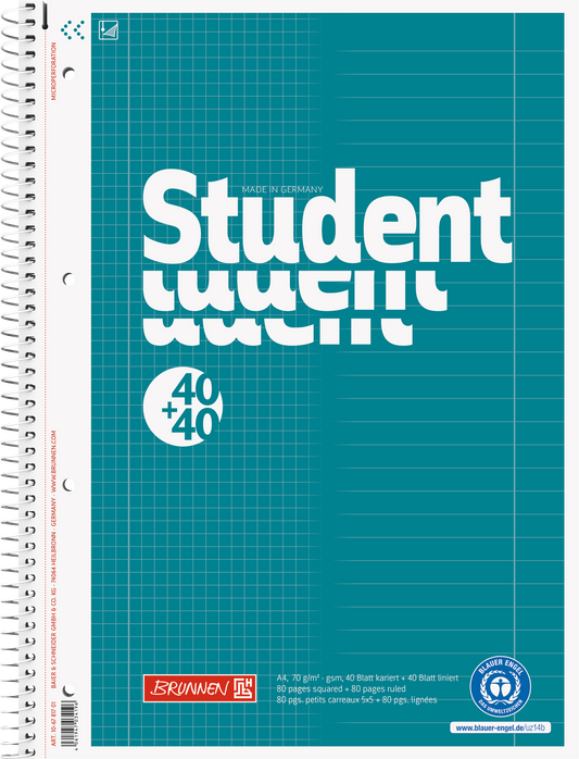 Collegeblock Student „DUO“ Recycling, A4, 80 Blatt / 160 Seiten, kariert/liniert, petrol