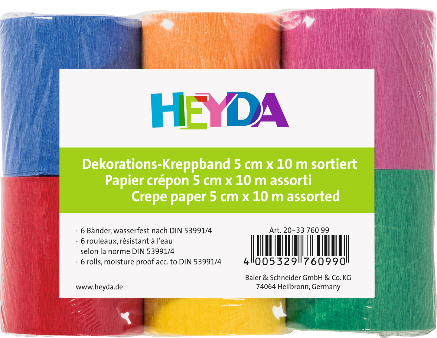 Heyda 203376099 | Krepp-Bänder | 10 m x 5 cm | sonnengelb, mango, tulpenrot, hellviolett, dunkelblau, grasgrün