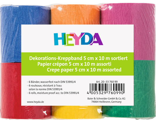 Heyda 203376099 | Krepp-Bänder | 10 m x 5 cm | sonnengelb, mango, tulpenrot, hellviolett, dunkelblau, grasgrün