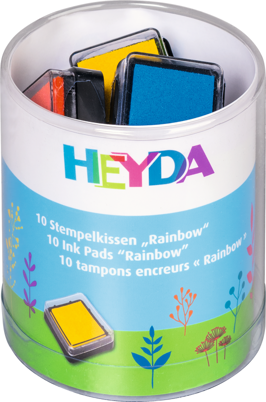 Heyda 204888470 | Stempelkissen-Set | Mini | „Rainbow“ | 3 x 3 cm | gelb, orange, rot, pink, lila, blau, dunkelblau, türkis, apfelgrün, dunkelgrün