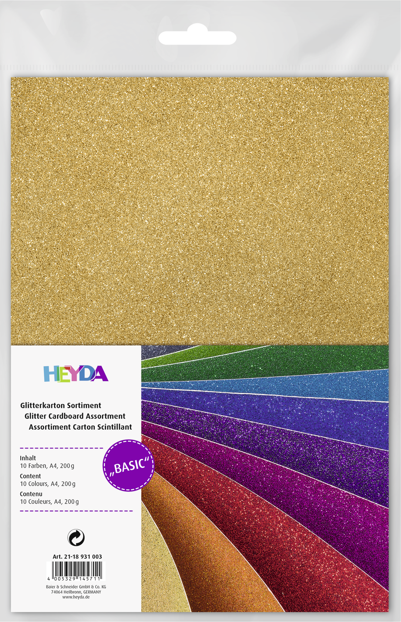 Heyda 2118931003 | Glitterkarton-Sortiment | „Basic“ | A4 | Basisfarben intensiv